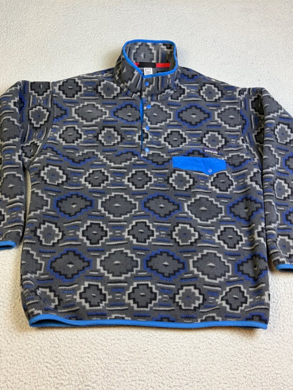 Patagonia Synchilla Sweater Mens Gray L Blue Snap Pocket Collar Outdoor Western